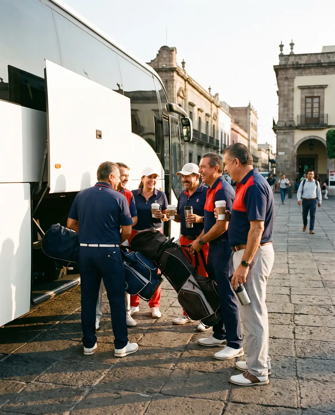 Jugadores suben al camión de la salida en el Centro de Guadalajara