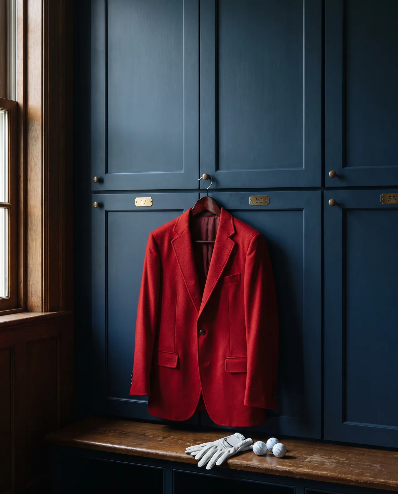 Un saco rojo colgado frente a lockers azules: la Chaqueta Roja