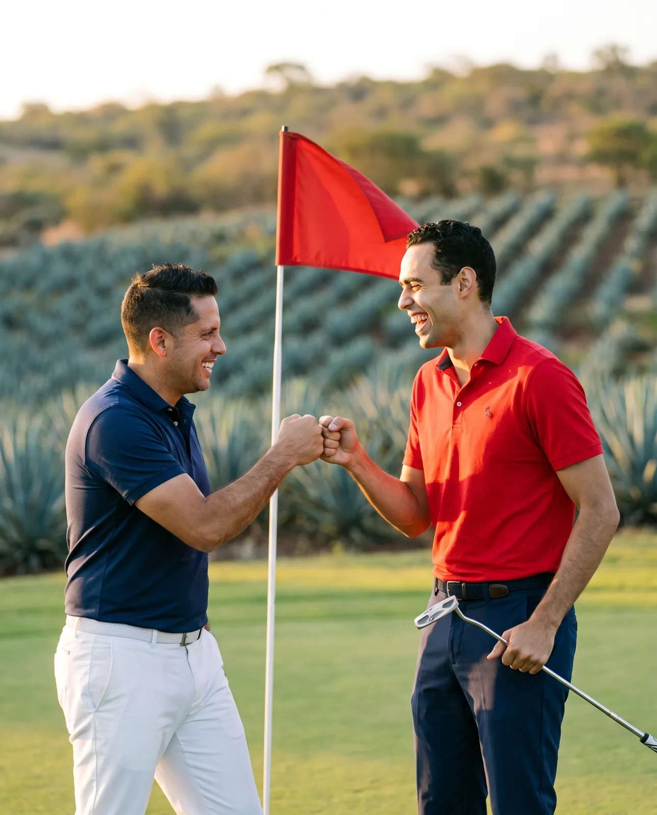 Jorge Serratos, con polo azul, y Manuel de León, con polo rojo, chocan puños entre agaves