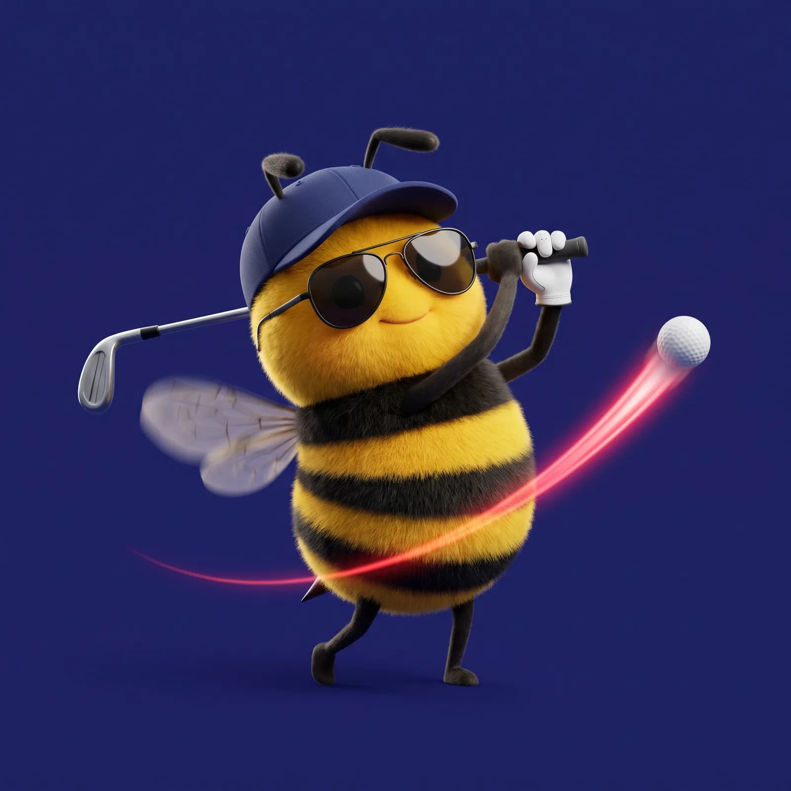 Birdie, la abeja golfista, pega un drive y la bola deja un tracer rojo en el cielo